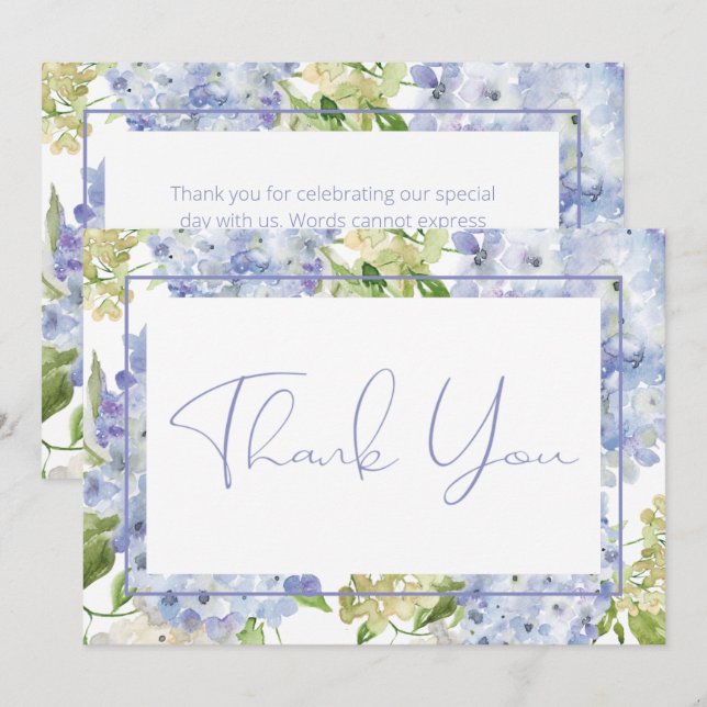 Periwinkle Blue White Hydrangeas Wedding Thank You Card (Front/Back)