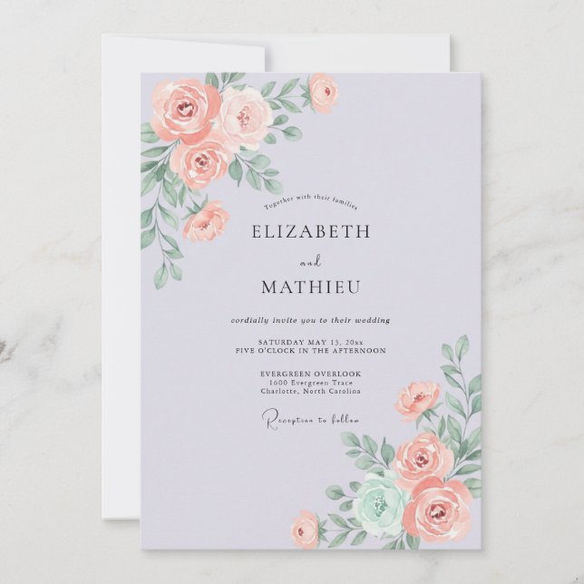 Periwinkle Blush Coral Peony Wedding Invitation (Front)