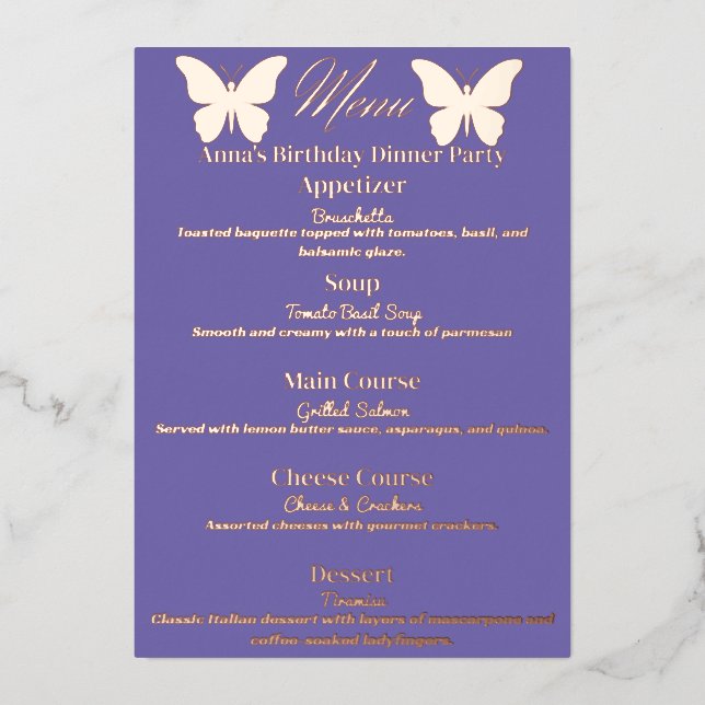 Periwinkle Butterfly-Themed Birthday Dinner Menu (Front)