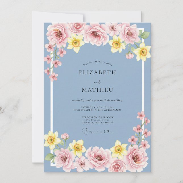 Periwinkle Cheerful Spring Blossom Wedding Invitation (Front)