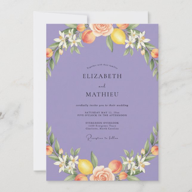 Periwinkle Citrus Peach Eucalyptus Wedding Invitation (Front)