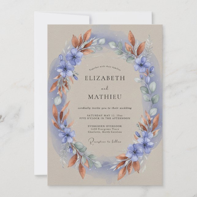 Periwinkle Copper Wreath Wedding Invitation (Front)