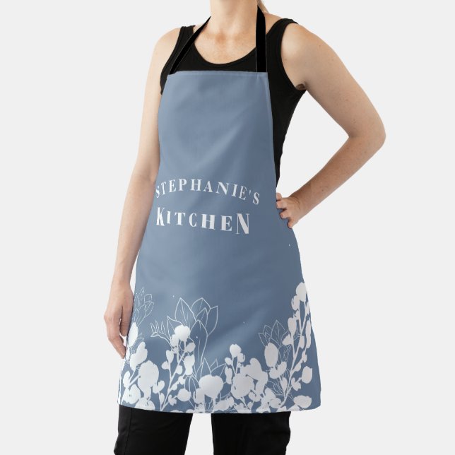 Periwinkle Custom Name White Floral Apron (Insitu)