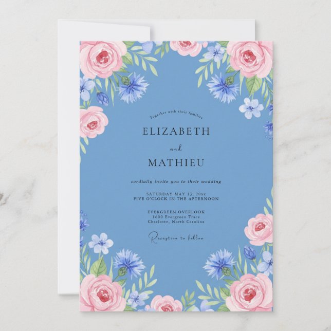 Periwinkle Dusty Pink Peony Wedding Invitation (Front)