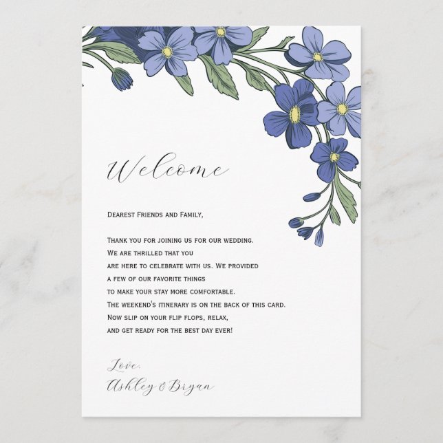 Periwinkle Floral Wedding Welcome Letter Itinerary Program (Front)