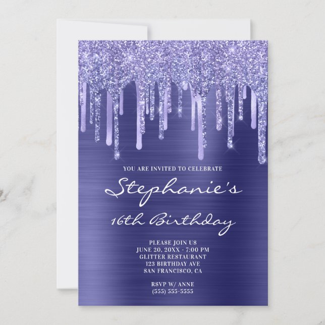 Periwinkle Foil and Glitter Drip 16th Birthday Invitation (Front)