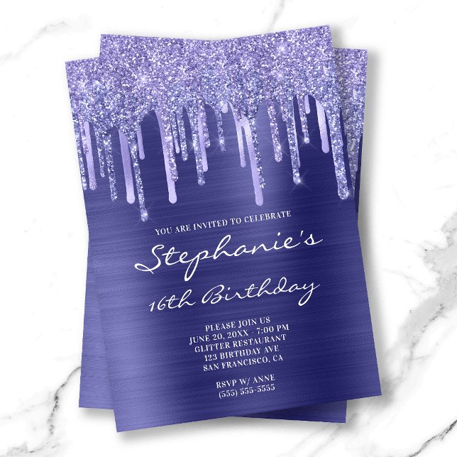 Periwinkle Foil and Glitter Drip 16th Birthday Invitation (Periwinkle Foil and Glitter Drip 16th Birthday Invitation)