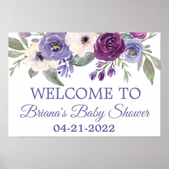 Periwinkle Fuchsia Baby Shower Floral Welcome Poster (Front)