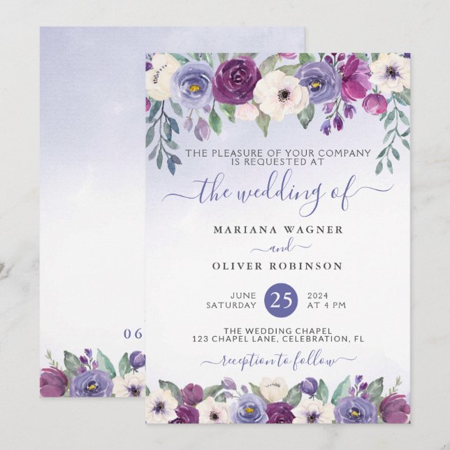 Periwinkle Fuchsia Blush Watercolor Floral Wedding Invitation (Front/Back)