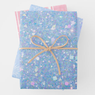Periwinkle Glitter Pink Striped Snowflake  Wrapping Paper Sheet