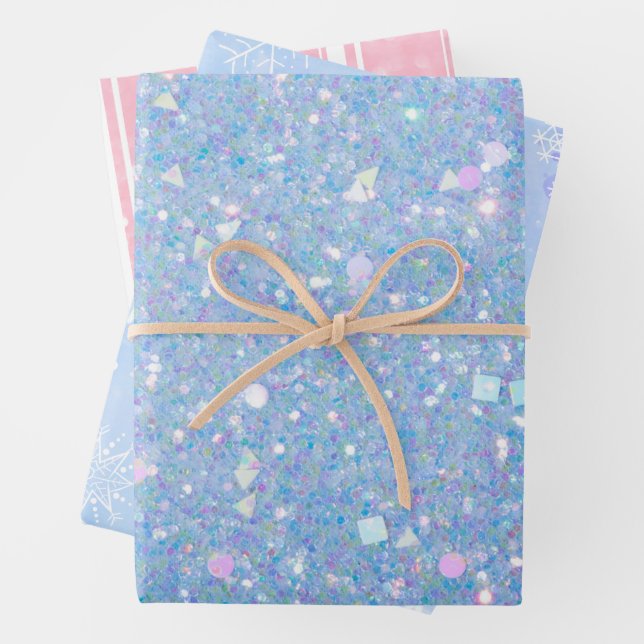 Periwinkle Glitter Pink Striped Snowflake  Wrapping Paper Sheet (In situ)