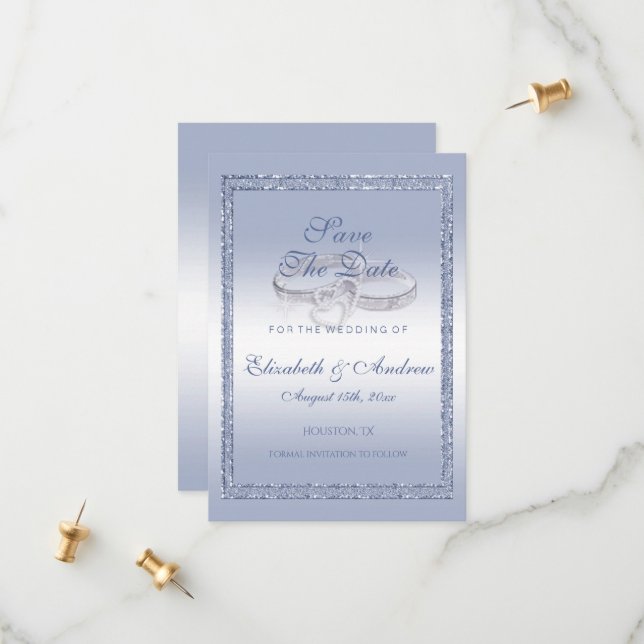 Periwinkle Glitter & Silver Wedding Rings   Save The Date (Front/Back In Situ)
