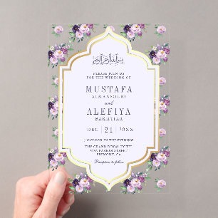 Periwinkle Gold Purple Floral Muslim Wedding Acrylic Invitations