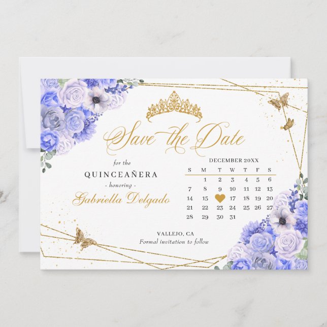 Periwinkle & Gold Quinceañera Save The Date Invitation (Front)