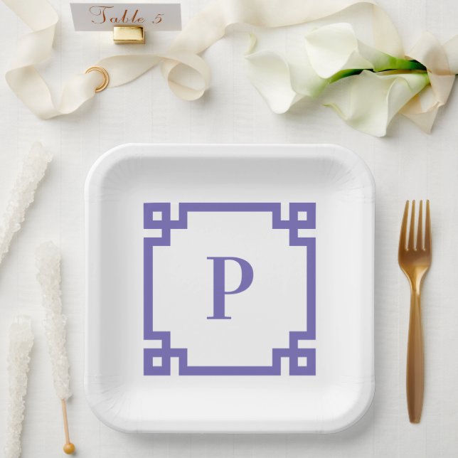 Periwinkle Greek Key Square Border Monogram Paper Plate (Wedding)