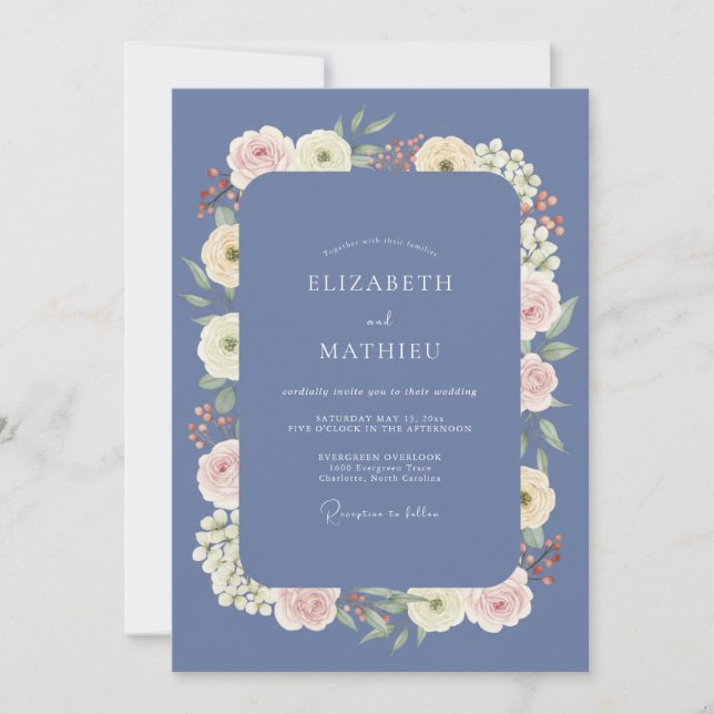 Periwinkle Ivory Cream Petal Wedding Invitation (Front)