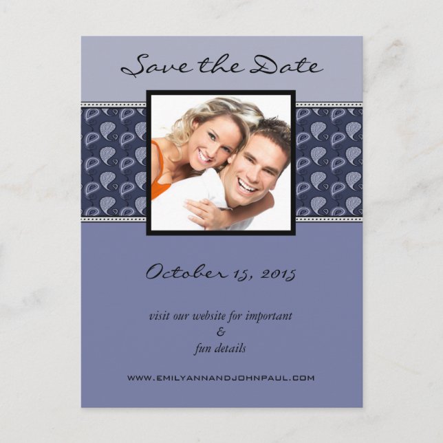 Periwinkle Ivory Paisley Save The Date Your Photo Announcement Postcard (Front)