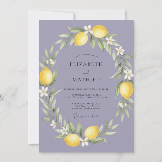 Periwinkle Lemon Wreath Wedding Invitation (Front)
