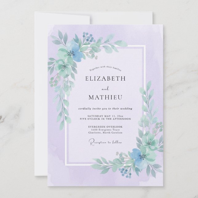 Periwinkle Lilac Leafy Wedding Invitation (Front)