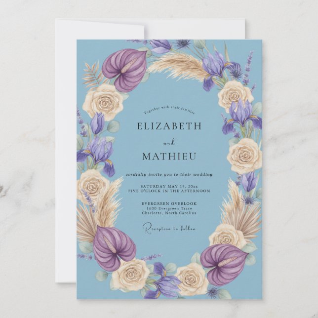Periwinkle Lilac Pampas Eucalyptus Wedding Invitation (Front)