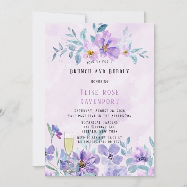 Periwinkle Lilac Peony Wreath Brunch and Bubbly In Invitation (Front)