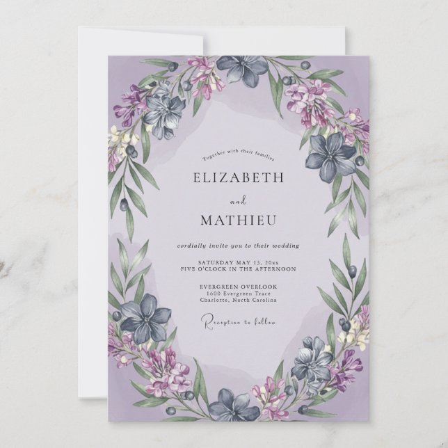 Periwinkle Lilac Wreath Wedding Invitation (Front)