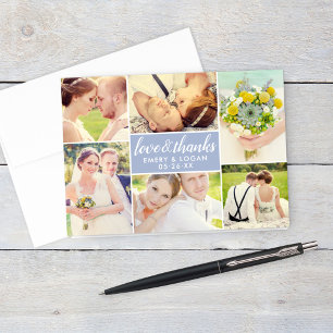 Periwinkle Love and Thanks Wedding Photo Collage Thank You Card