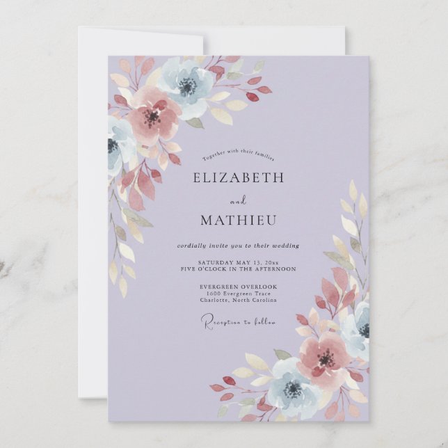 Periwinkle Mauve Ranunculus Eucalyptus Wedding Invitation (Front)