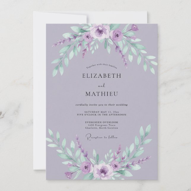 Periwinkle Mint Ranunculus Dusty Eucalyptus Weddin Invitation (Front)
