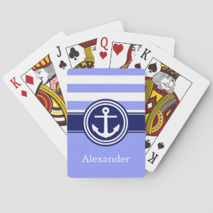 Periwinkle Navy Blue Nautical Stripe Anchor 1ICBR Playing Cards