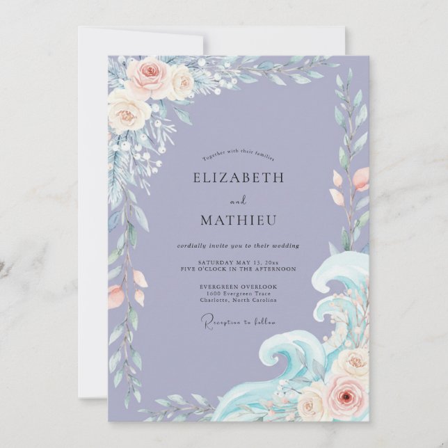 Periwinkle Ocean Leafy Wedding Invitation (Front)