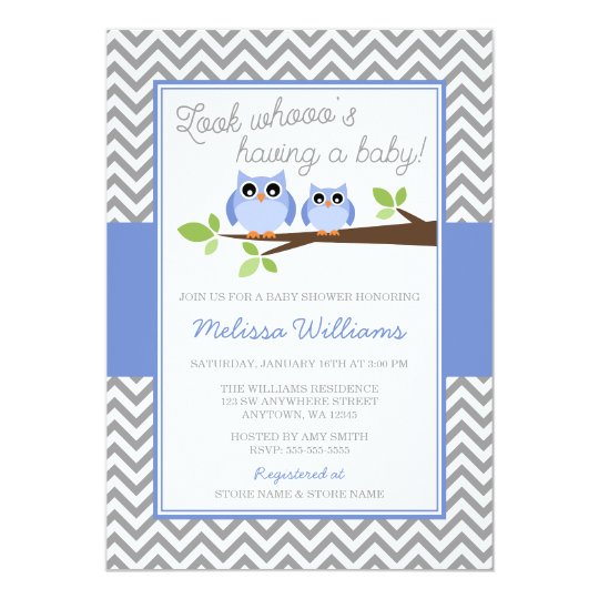 Periwinkle Owl Grey Chevron Girl Baby Shower Card