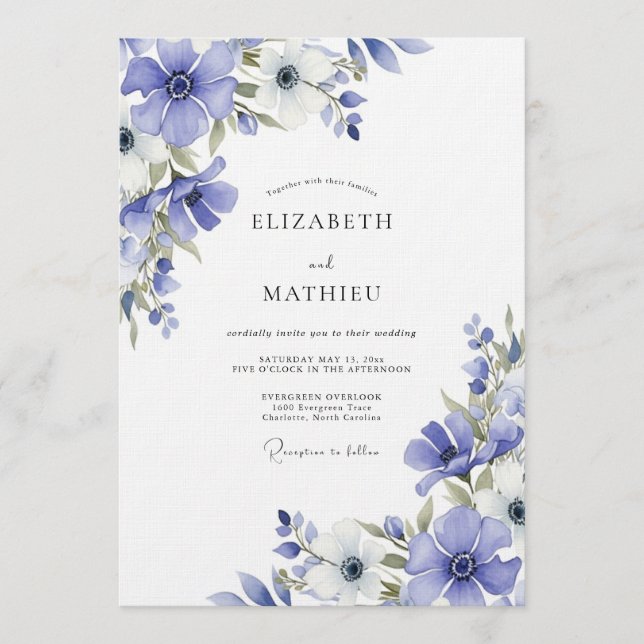 Periwinkle Painterly Flora Wedding Invitation (Front)