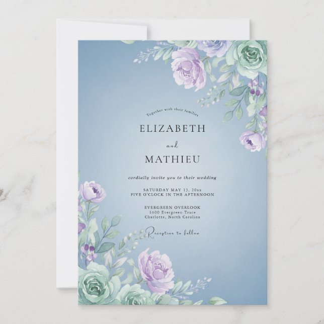 Periwinkle Pale Lilac Leafy Wedding Invitation (Front)