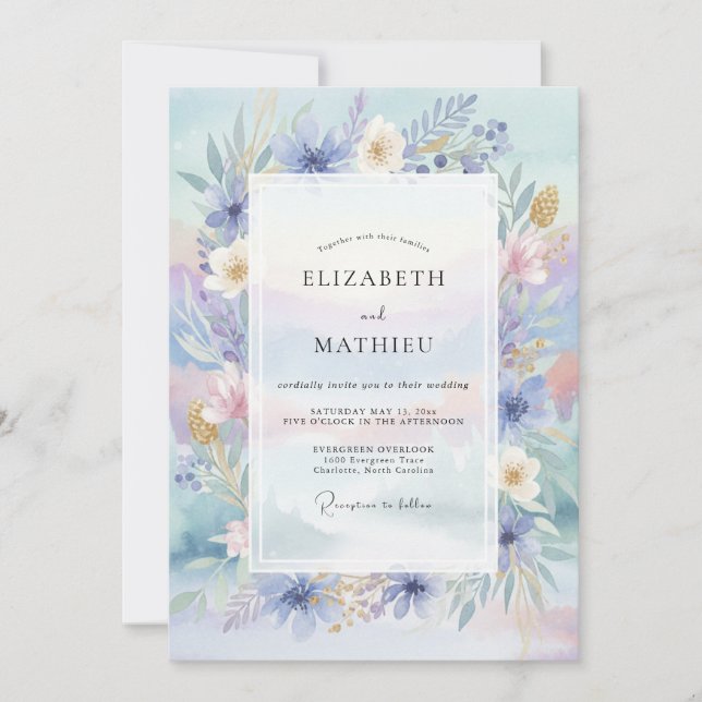 Periwinkle Peach Wildflower Wedding Invitation (Front)