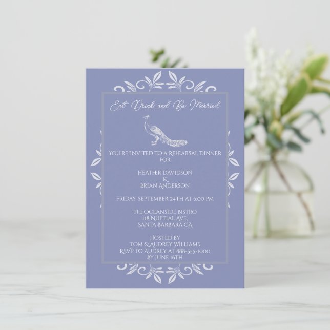 Periwinkle Peacock Flourish Rehearsal Dinner Invitation (Standing Front)