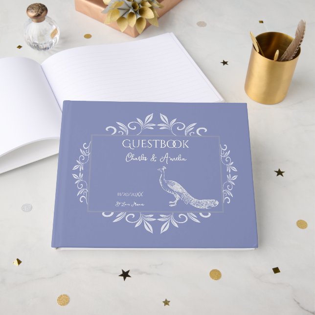 Periwinkle Peacock Flourish Wedding Guest Book (Front Open)