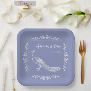 Periwinkle Peacock Flourish Wedding Shower Paper Plate