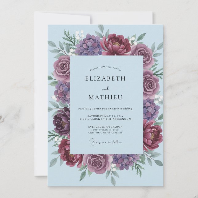 Periwinkle Plum Ranunculus Eucalyptus Wedding Invitation (Front)