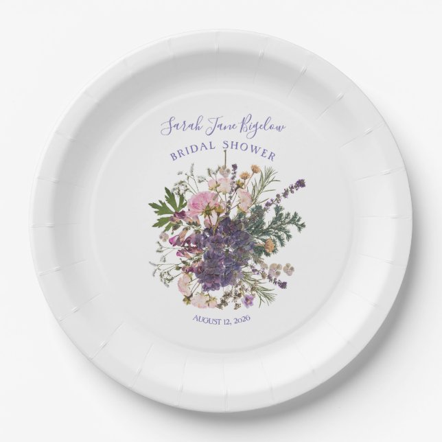 Periwinkle Pressed Wildflower Boho Bridal Shower Paper Plate (Front)