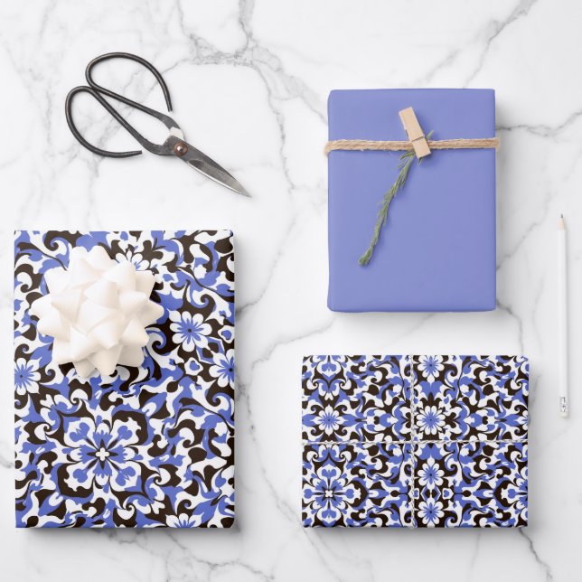 Periwinkle / Purple, Chocolate & White Pattern  Wrapping Paper Sheet (Front)