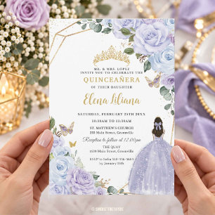 Periwinkle Purple Dusty Blue Floral Quinceañera XV Invitation