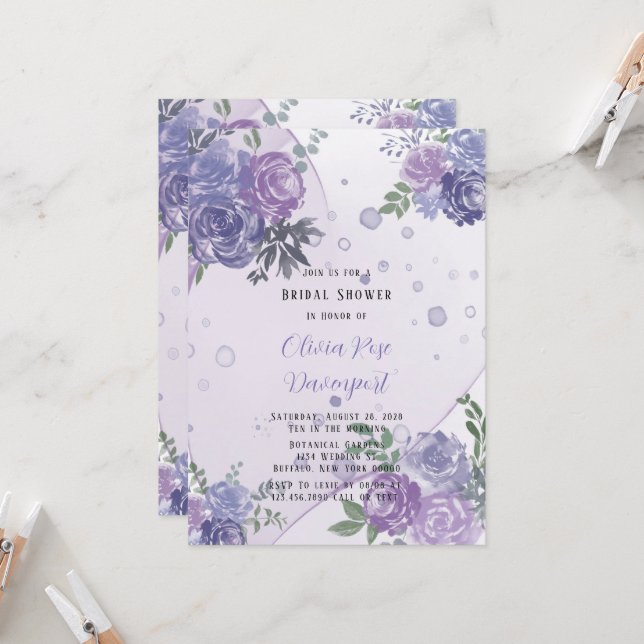 Periwinkle Purple Peony Alcohol Ink Bridal Shower Invitation (Front/Back In Situ)