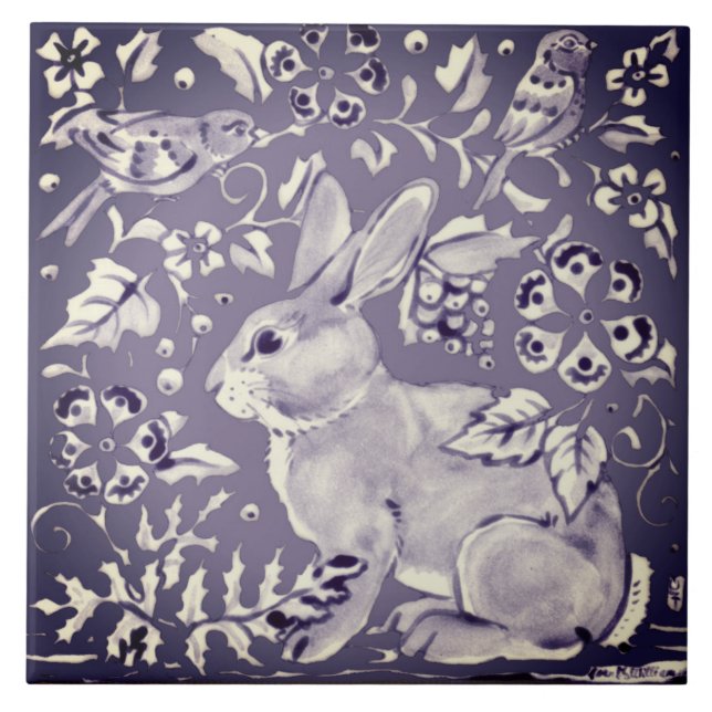 Periwinkle Purple Rabbit Bird Flower Leaves Nature Tile (Front)