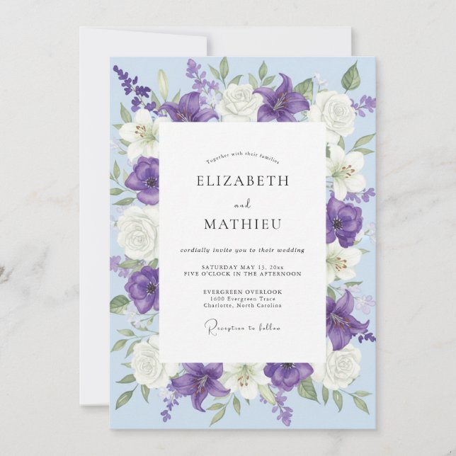 Periwinkle Purple Ranunculus Eucalyptus Wedding Invitation (Front)