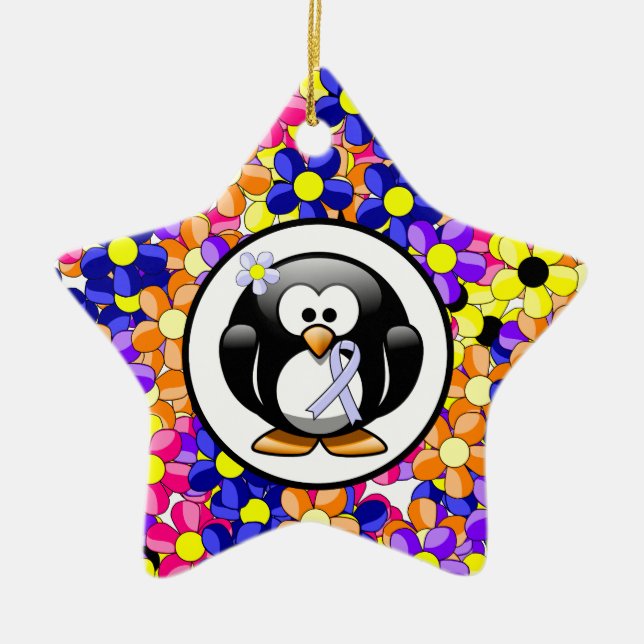 Periwinkle Ribbon Penguin Ceramic Ornament (Front)