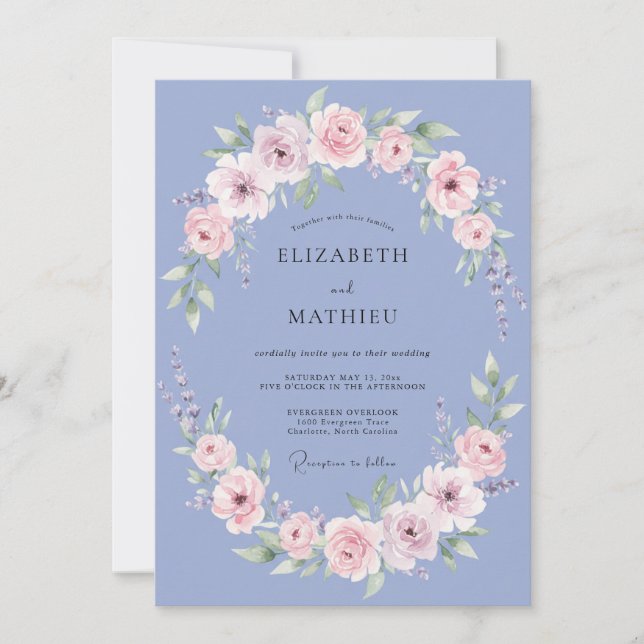 Periwinkle Romantic Floral Wreath Wedding Invitation (Front)