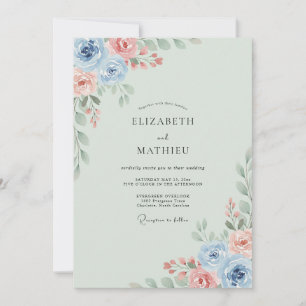 Periwinkle Salmon Ranunculus Eucalyptus Wedding Invitation