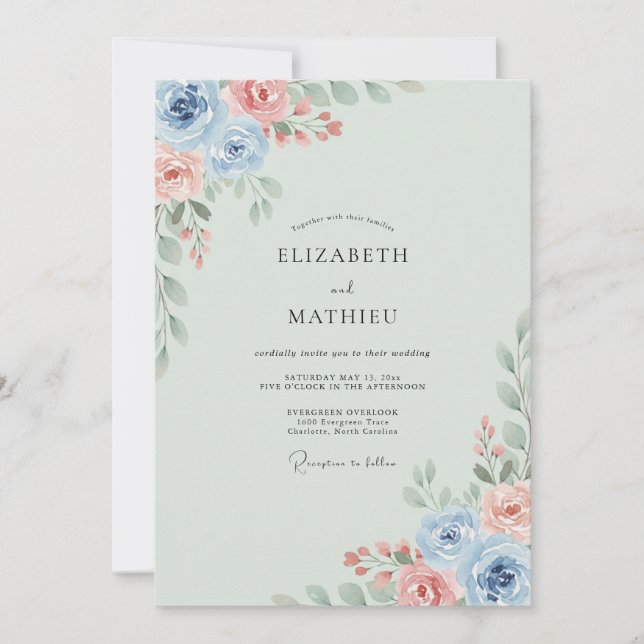 Periwinkle Salmon Ranunculus Eucalyptus Wedding Invitation (Front)