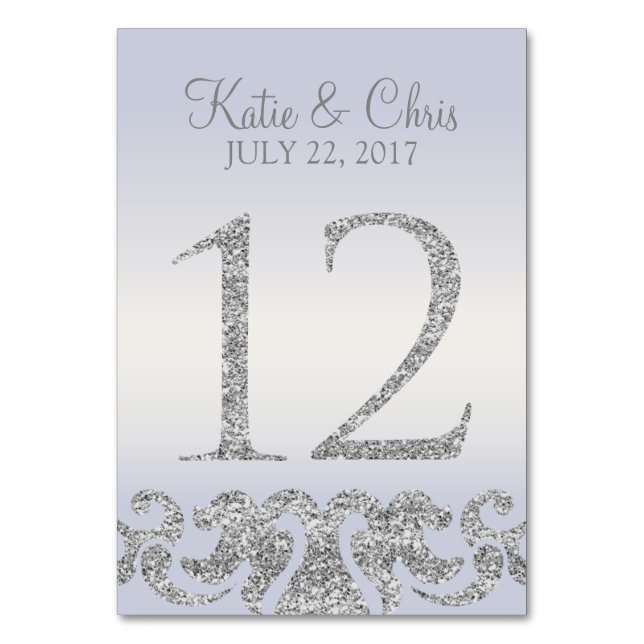 Periwinkle Silver Glitter Look Table Numbers-12 Table Number (Front)